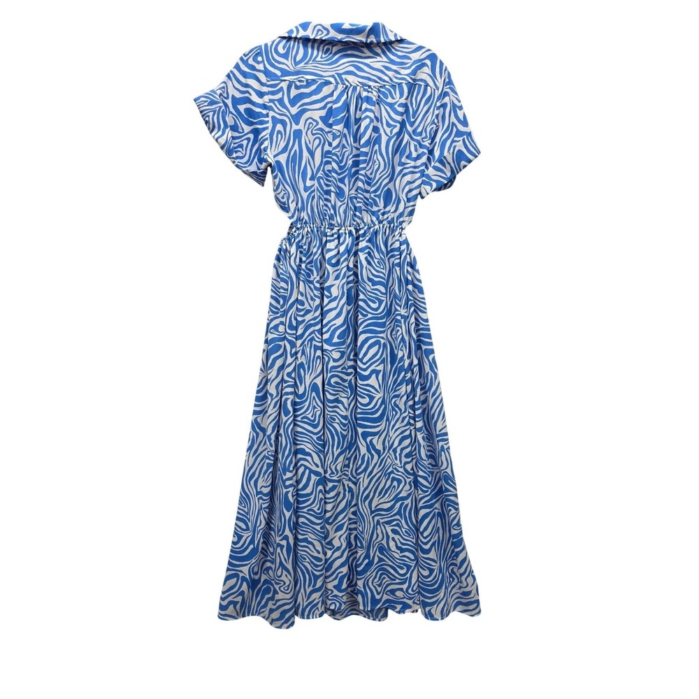 Aakaa Blue White Zebra Print Cutout Midi Dress Collared Women Size M - Picture 2 of 6